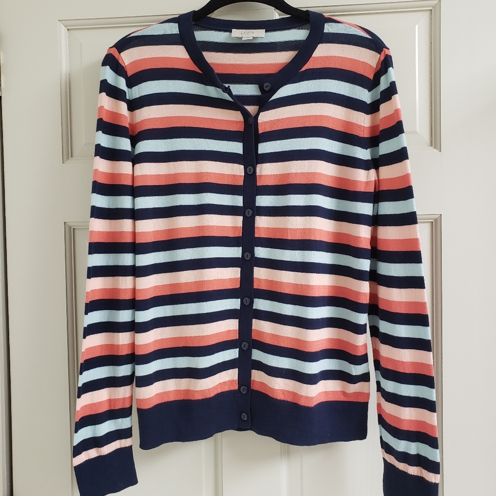 Loft Striped Cardigan, Size Large, Multi Colors